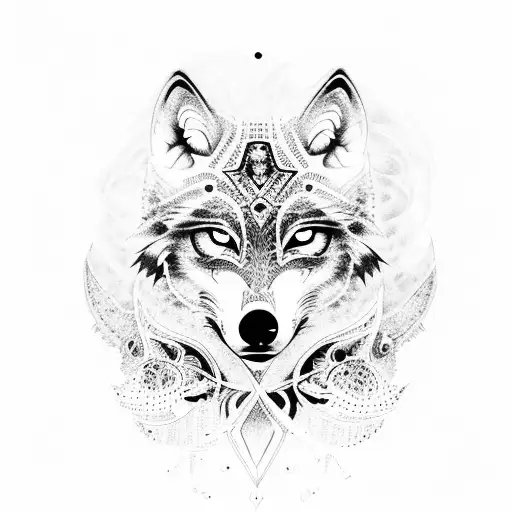 A Dotwork Design Of A Wolf And An Owl Locked In A Fierce Battle Amidst A Dark And Mystical Forest