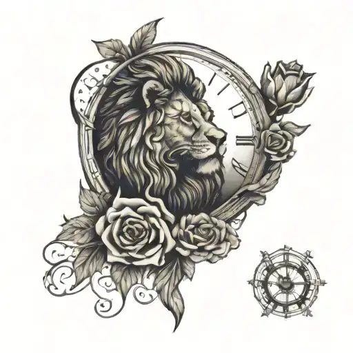 An Intricate Design Of A Lion Swimming In A Clock Surrounded By Roses And Skulls