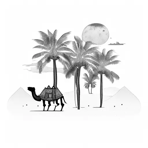 A Silhouette Of A Camel Caravan Traversing The Desert With Palm Trees In The Background