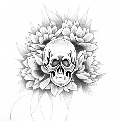 Skull With Bunnies And Chrysanthemums