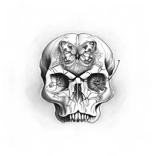 Butterfly In The Old School Style In The Middle Of Which A Frightened Human Skull Is Depicted
