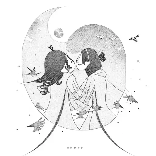 A Lesbian Couple Embracing Under A Moonlit Sky Surrounded By Flying Birds