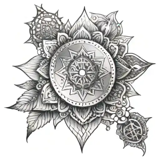 A Detailed Mandala Tattoo With A Subtle Music Theme Intertwined With Military Symbols