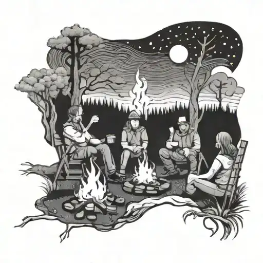 A Surreal Outdoor Scene With Friends Laughing Around A Campfire Under The Stars