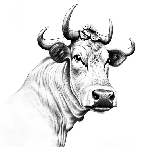 A Dotwork Tattoo Of A Cow Smelling A Flower