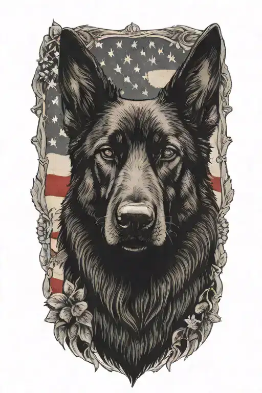 Black German Shepherd With American Flag With Eucalyptus Vines
