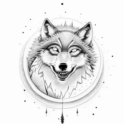 A Dotwork Tattoo Of A Wolf Howling At The Moon With A Game Of Thrones Inspired Background