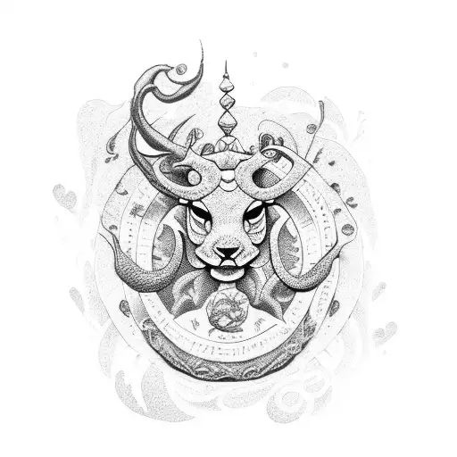 A Dotwork Tattoo Of The Client's Zodiac Symbol Intertwined With Floral Elements