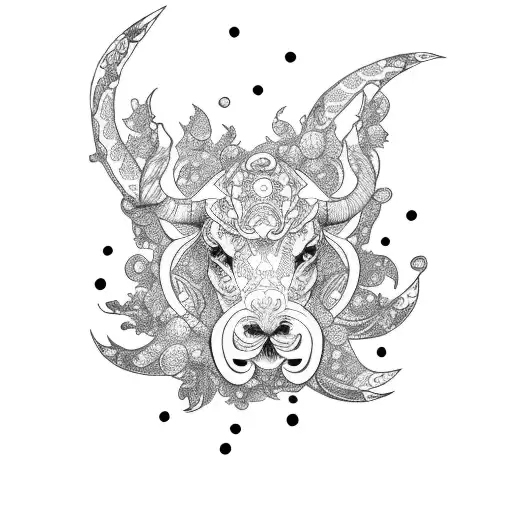 A Dotwork Tattoo Of The Client's Zodiac Symbol Intertwined With Floral Elements