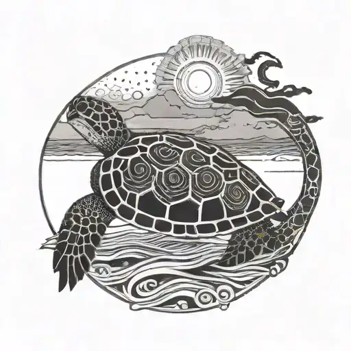 An Abstract Sun Setting Over The Ocean With A Turtle Swimming In The Waves