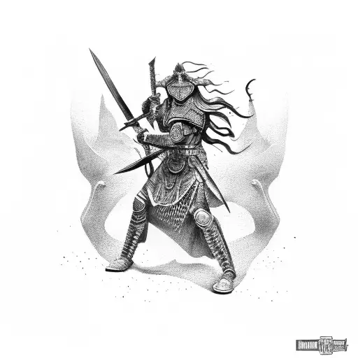 Dotwork Tattoo Showcasing A Fierce Warrior Holding A Warhammer High