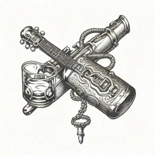 A Police Badge With A Bourbon Bottle And Glass Intertwined With A Jazz Music Instrument