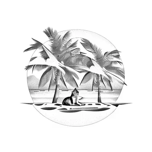 A Serene Beach Landscape With A Cat Lounging Under A Palm Tree