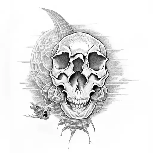 Dinausaur Eating A Human Skull In The Moonligjt