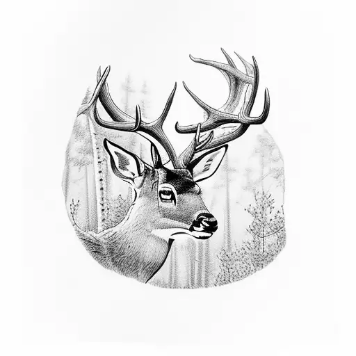 Stag With Male And Female Deer Looking Out From Forest