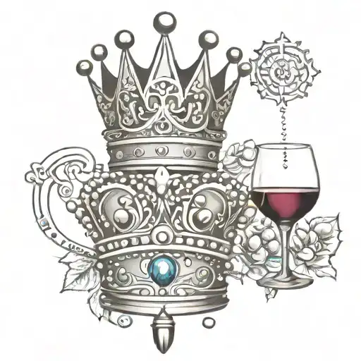 Crown Tattoo And A Glass Of Wine With Jewels