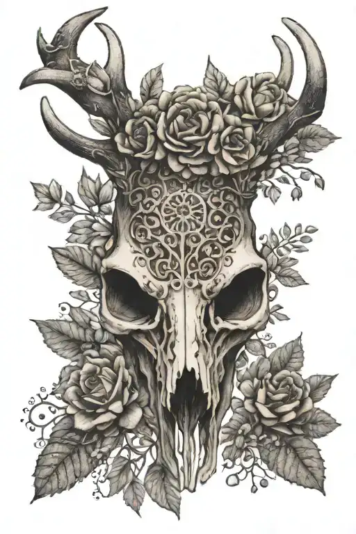 A Detailed Deer Skull Surrounded By Intricate Dotwork Floral Patterns
