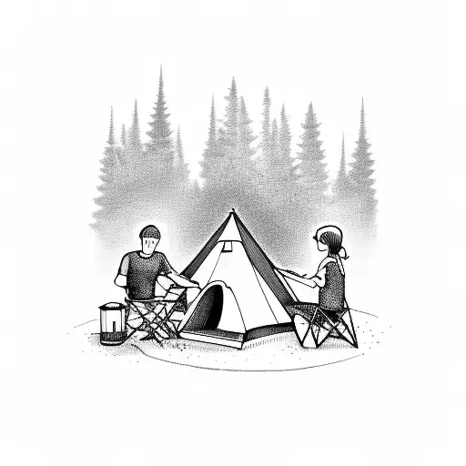 A Camping Scene With A Family Sitting Around A Bonfire In A Forest