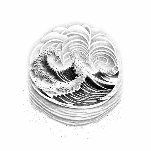 A Dotwork Tattoo Of A Polynesian-inspired Landscape With 3D Waves Crashing Against Rocks