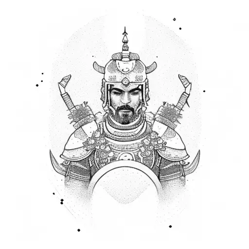 A Minimalist Sketch Of A Warrior Surrounded By Flowers For Thigh Tattoo Asian Design Gemini 1997