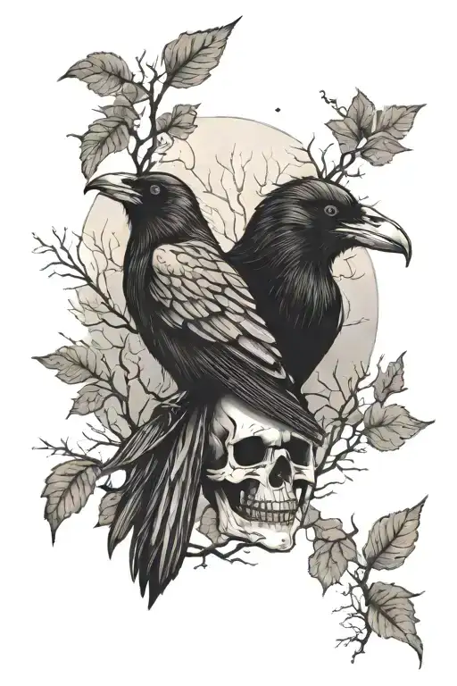 Ravens And Skulls On A Background Of Thin Trees Without Leaves