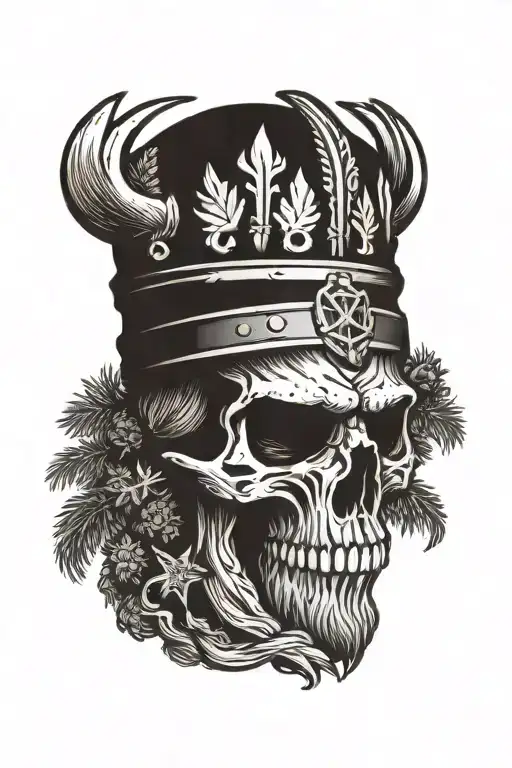 Viking Skull With Beard With Pine Tree With A Crown Made From Deer Antlers