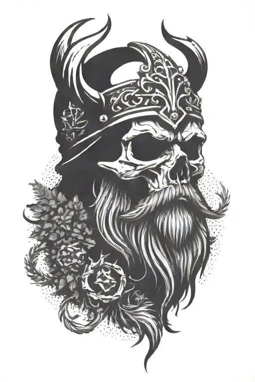 Viking Skull With Beard With Pine Tree With A Crown Made From Deer Antlers