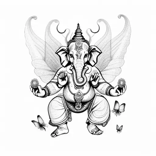 A Dotwork Portrait Of Lord Ganesha With Intricate Butterfly Wings