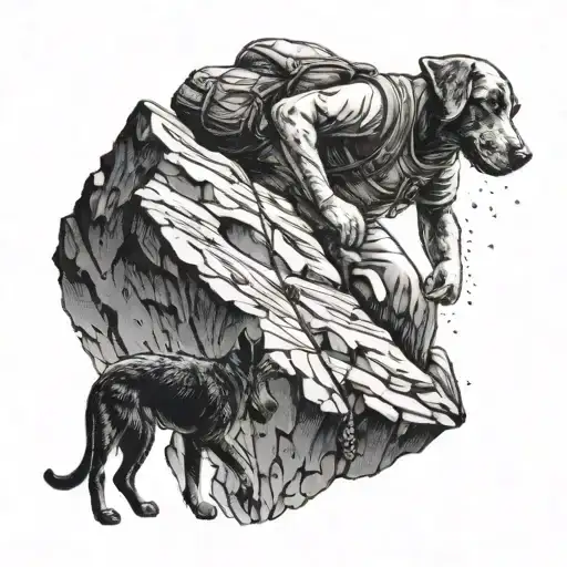 A Climber Scaling A Mountain With A Playful Dog Waiting At The Top