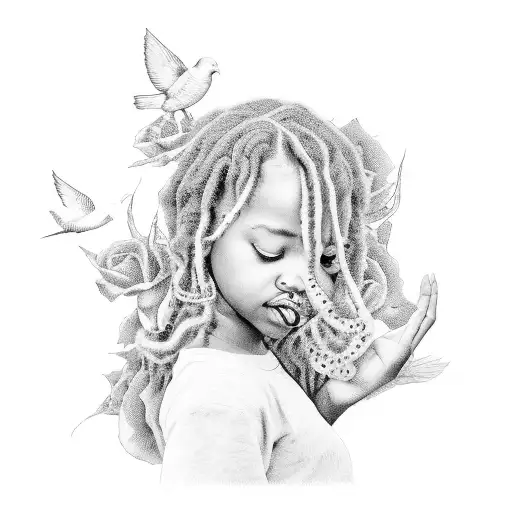 Rose Black Child With Locs Praying Pigeons