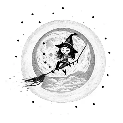 A Dotwork Tattoo Of A Witch Flying On A Broomstick Against A Full Moon Backdrop