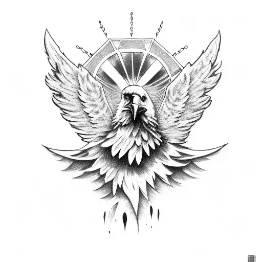 Eagle With Wing In Sky With Cloud With Eye And Flower