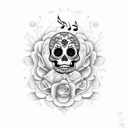 Sugar Skull With Flowers And Music Notes Coming From Mouth