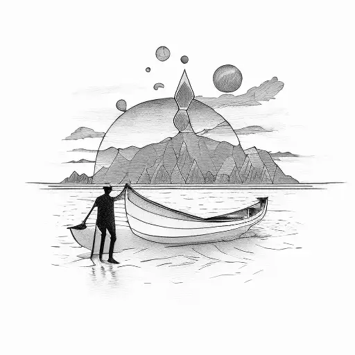 Man On A Boat And Sunset