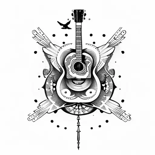 Acoustic Guitar With Sparrows And Day Of The Dead Skeletons