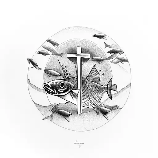 A Cross Made Of Fish Swimming In A Circle