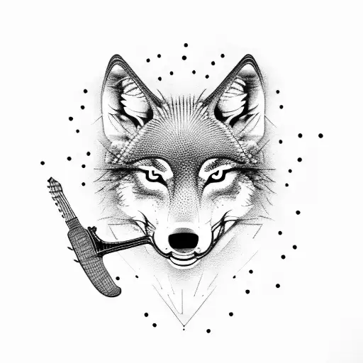 A Dotwork Tattoo Of A Wolf Silhouette With A Guitar In Its Mouth