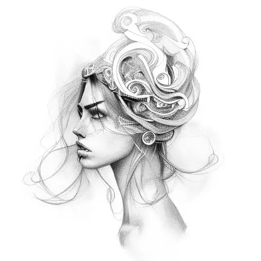 A Captivating Portrait Of A Confident Woman With Flowing Hair Adorned With Fitness-related Symbols