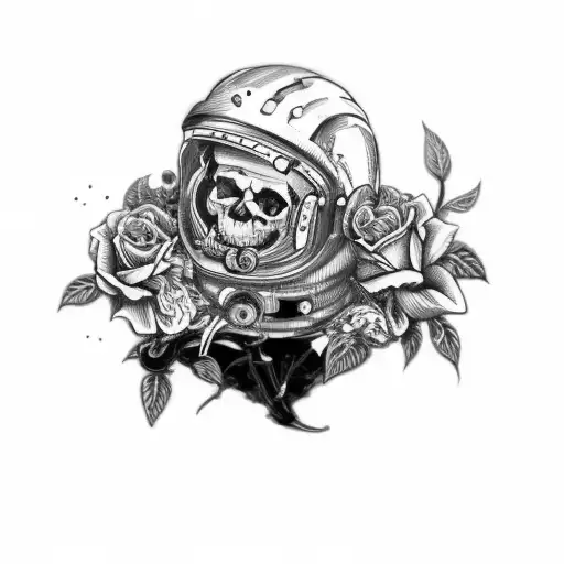 A Skull Of An Astronaut In A Helmet And Roses