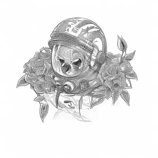 A Skull Of An Astronaut In Space Helmet And Roses