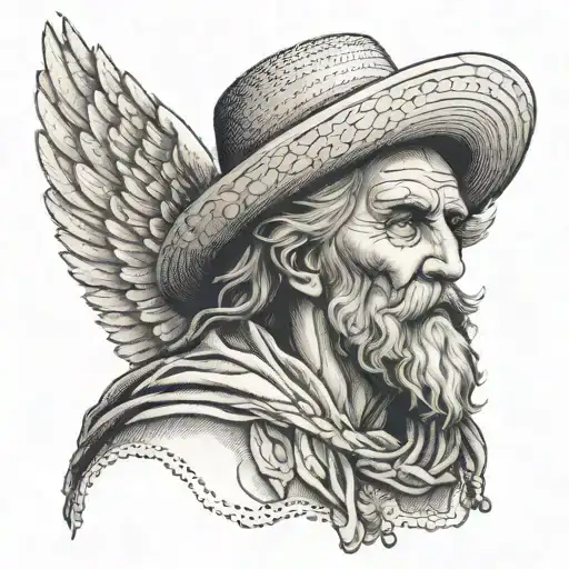 Old But Wise Male Angel With Wings And Wearing A Peasant's Straw Hat