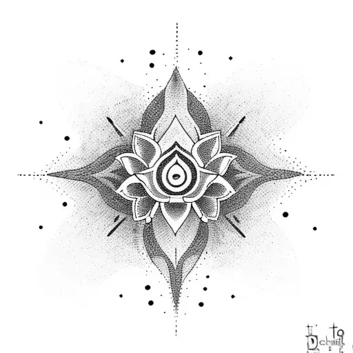 A Dotwork Tattoo Of A Lotus Flower Intertwined With Hiking Symbols Like A Compass And Mountains