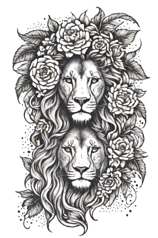 Lion Face Woman Flowers Dot Work