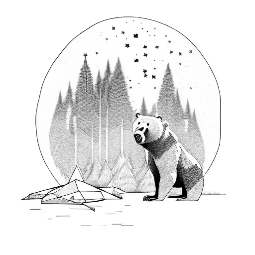 Rectangle With Bear In Forest Watching The Stars And Moon