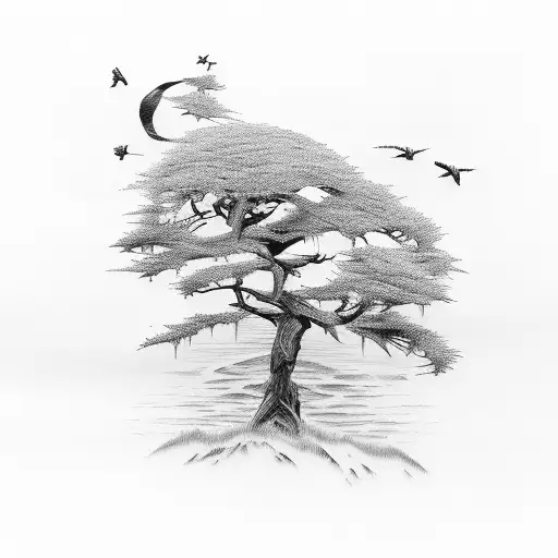 Cypress Tree And Raven