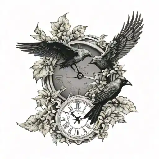 A Clock Surrounded By Ivy And A Jackdaw Carrying It On The Clock