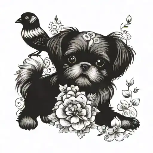 Incorporate A Music Note Heart With A Shih Tzu And A Cat Playing Together Among Flowers And Birds