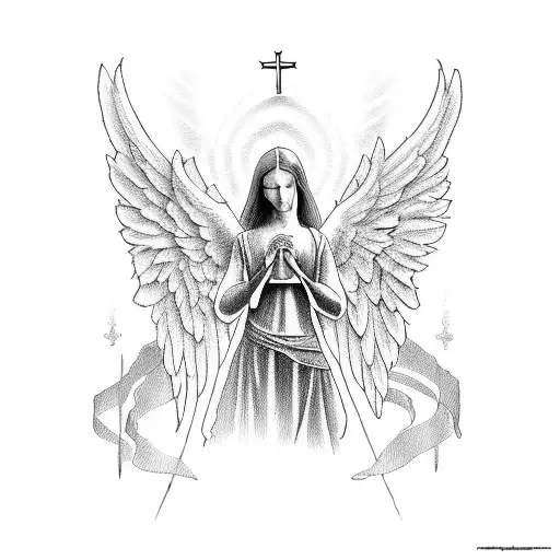 Angel Holding Cross In A Church