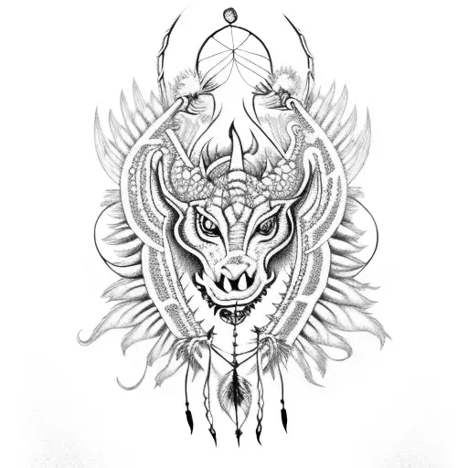 A Fierce Dragon Intertwined With A Native Indian Dreamcatcher Adorned With Delicate Dahlias