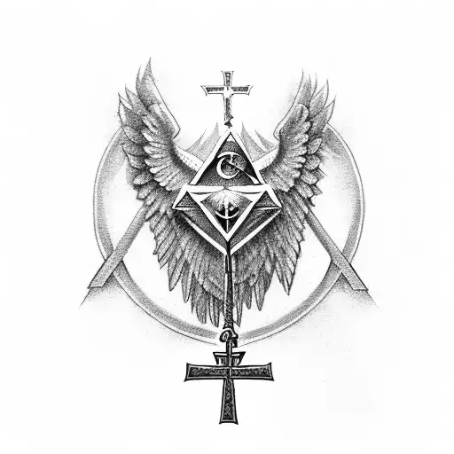 Masonic Symbol With A Catholic Cross And An Angel With Big Wings And Male Body